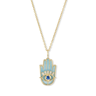 Stone Hamsa Pendant with Aquamarine, Blue Sapphire, and Diamonds