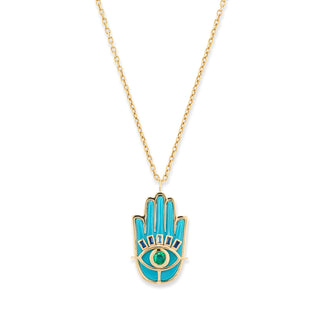 Stone Hamsa Pendant with Turquoise, Emerald, and Blue Sapphires