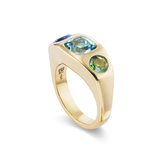 BNS Ring with Cushion Aquamarine and Round Sapphire & Tsavorite Sides