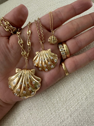 Medium Gold Shell Pendant with Diamonds