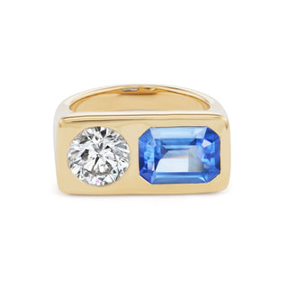 One-of-a-Kind Two-Stone BNS Ring with Diamond Round and Emerald-Cut Sapphire