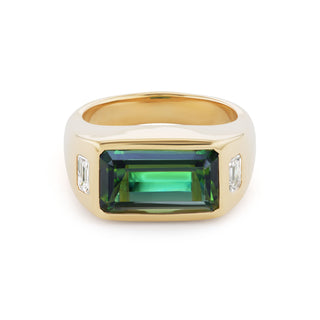 One-of-a-Kind BNS Ring with Emerald-Cut Green Tourmaline and Emerald-cut Diamond Sides