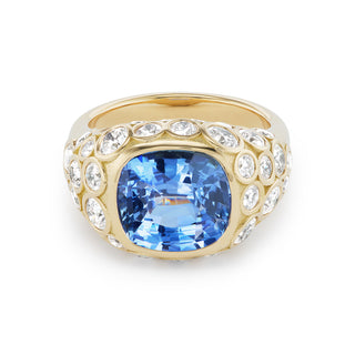 One-of-a-Kind Crown Ring with Light Blue Sapphire Center and Diamond Accents