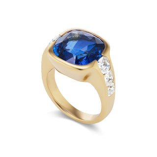 One-of-a-Kind BNS Ring with Cushion Blue Sapphire and Cushion Diamond Sides