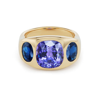 One-of-a-Kind BNS Ring with Cushion Tanzanite and Blue Sapphire Oval Sides