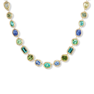One-of-a-Kind Pillow Necklace with Blue-Green Mixed Cabochons and Faceted Stones