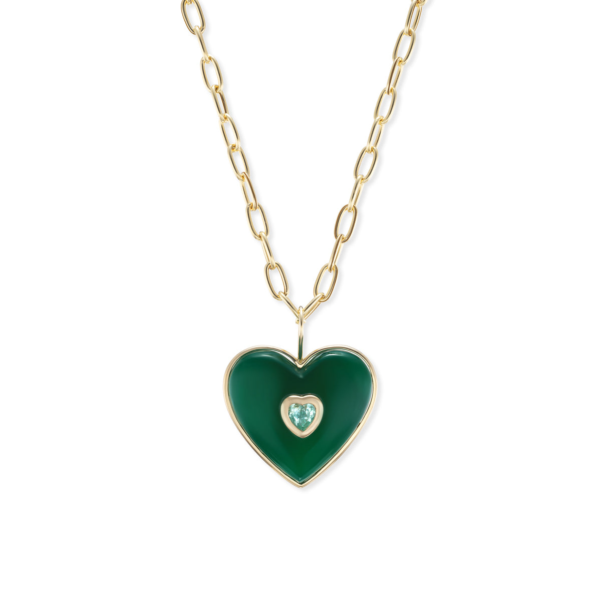 Medium Puff Heart Pendant with Green Agate and Emerald Heart Inset