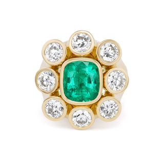One-of-a-Kind Wildflower Ring with Emerald Cushion and Diamond Petals