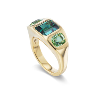 One-of-a-Kind BNS Ring with Emerald-Cut and Cushion Green Tourmaline