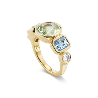 One-of-a-Kind 5 Stone Pillow Ring with Mint Tourmaline, Blue Sapphires, & Diamonds