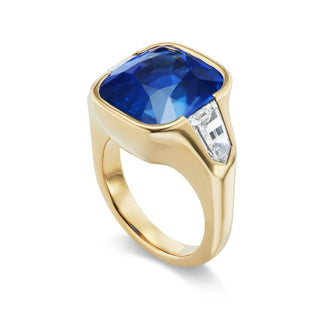 One-of-a-Kind BNS Ring with Cushion Sapphire and Diamond Bullet Sides