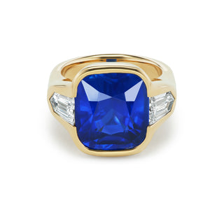 One-of-a-Kind BNS Ring with Cushion Sapphire and Diamond Bullet Sides
