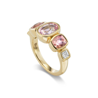 One-of-a-Kind 5 Stone Pillow Ring with Blush Pink Tourmaline, Imperial Topaz, and Diamonds