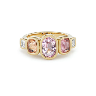 One-of-a-Kind 5 Stone Pillow Ring with Blush Pink Tourmaline, Imperial Topaz, and Diamonds