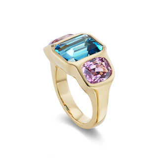 One-of-a-Kind BNS Ring with Emerald-Cut Blue Topaz and Pink Sapphire Cushion Sides