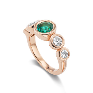 One-of-a-Kind Pillow Ring with Round Emerald and Round Diamond Sides
