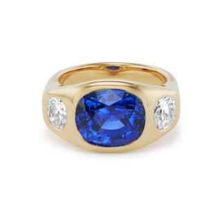 One-of-a-Kind BNS Ring with Cushion Sapphire and Old Mine Diamond Sides