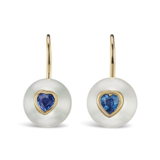 Pearl On Wire Earrings with Blue Sapphire Hearts
