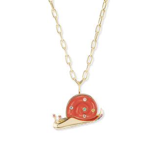 Large Snail Pendant with Coral Shell and Pave Slime Bottom
