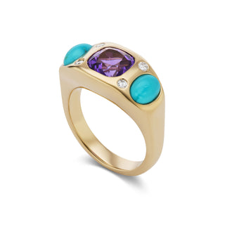 One-of-a-Kind BNS Ring with Amethyst and Turquoise Cabochons & Diamonds