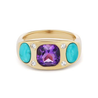 One-of-a-Kind BNS Ring with Amethyst and Turquoise Cabochons & Diamonds