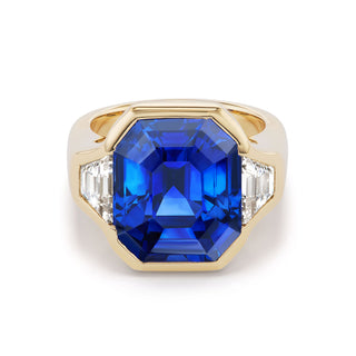 One-of-a-Kind BNS Ring with North-South Emerald-Cut Sapphire and Diamond Trapezoid Sides