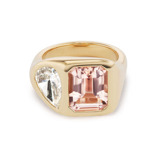 One-of-a-Kind Two Stone BNS Ring with Emerald-Cut Morganite and Pearshape Diamond