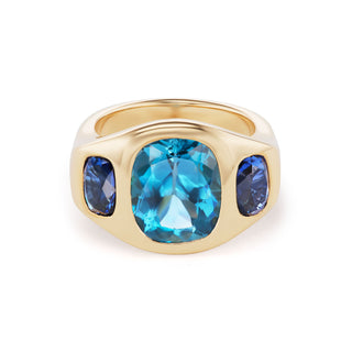 One-of-a-Kind BNS Ring with North-South Blue Topaz Cushion and Blue Sapphire Sides