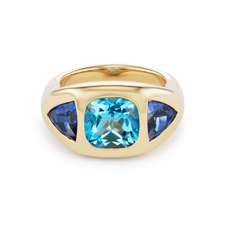 One-of-a-Kind BNS Ring with Cushion Blue Topaz and Blue Sapphire Triangle Sides