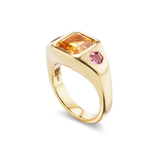 One-of-a-Kind BNS Ring with Asscher Citrine and Hexagon Pink Tourmaline Sides