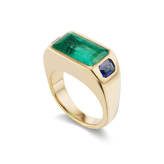 One-of-a-Kind BNS Ring with Rectangular Emerald and Sapphire Sides