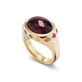 One-of-a-Kind Crown Ring with Garnet and Multi-Colored Sapphires