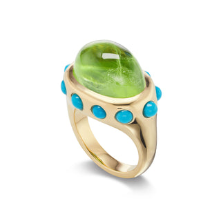 One-of-a-Kind Crown Ring with Peridot and Turquoise Cabochons