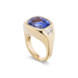 One-of-a-Kind BNS Ring with East-West Cushion Blue Sapphire and Diamond Trapezoid Sides