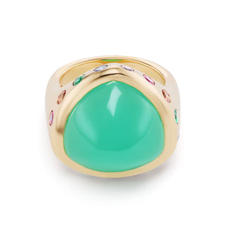 One-of-a-Kind Crown Ring with Triangle Chrysoprase and Rainbow Stones
