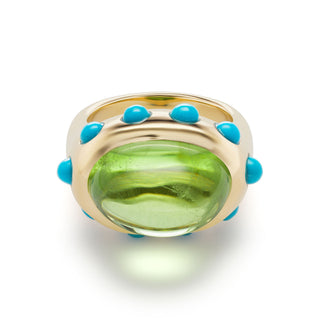 One-of-a-Kind Crown Ring with Peridot and Turquoise Cabochons