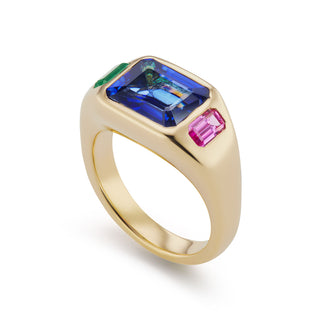 One-of-a-Kind BNS Ring with Blue Sapphire and Emerald & Pink Topaz Sides