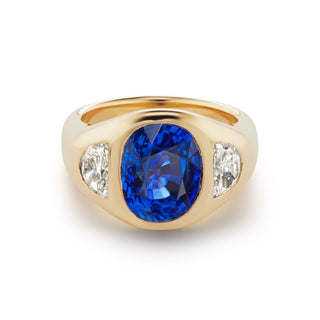 One-of-a-Kind BNS Ring with North-South Oval Sapphire and Half-Moon Diamond Sides