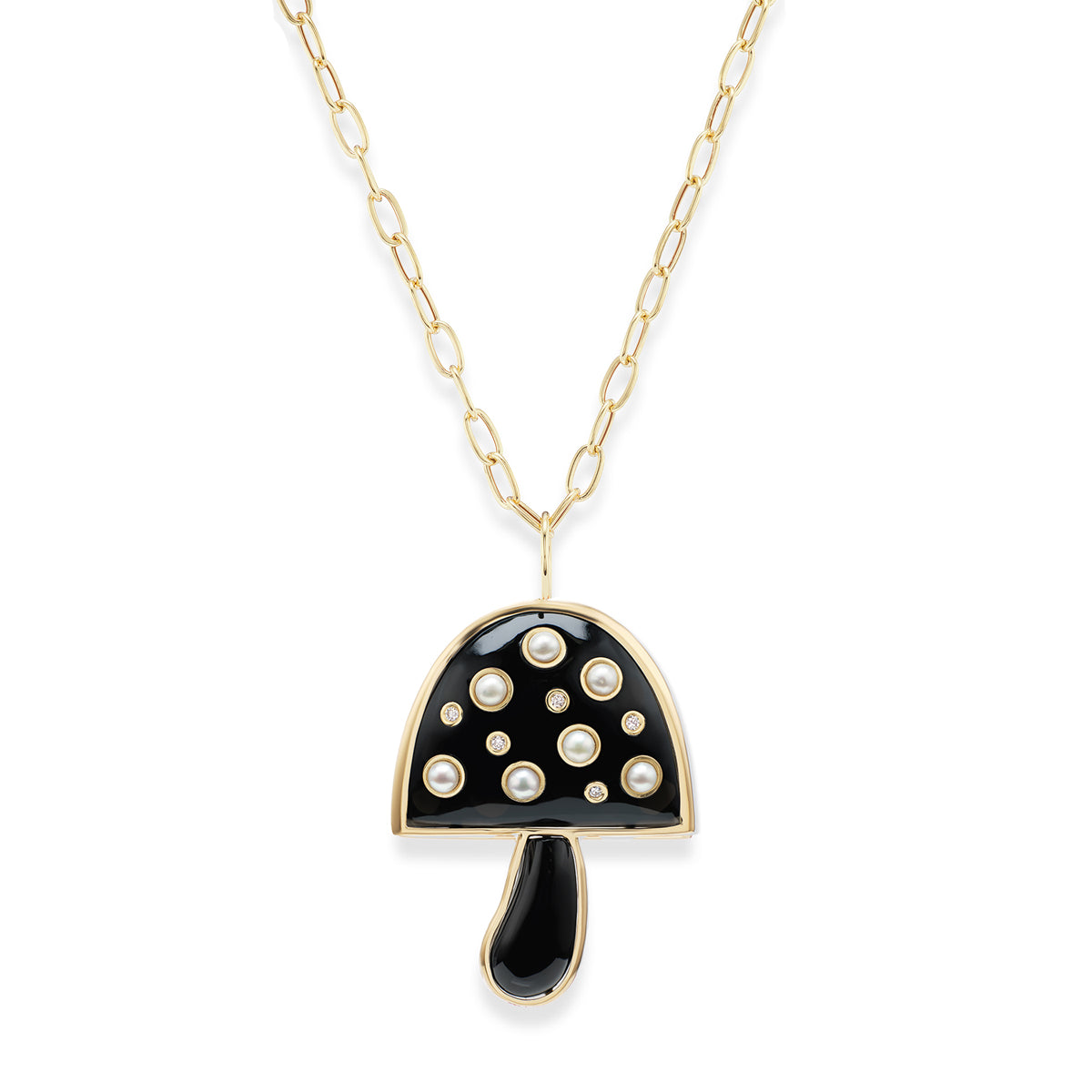 14K Gold Black Onyx Mushroom Pendant, Handmade Magic Multisapphire Mushroom Pendant, Mushroom 14k Tigress Pendant online Necklace, Mushroom Pendant