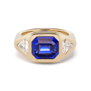 One-of-a-Kind BNS Ring with Emerald-Cut Sapphire and Diamond Shield Sides