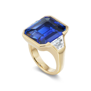 One-of-a-Kind BNS Ring with Emerald-Cut Sapphire and Diamond Trapezoid Sides