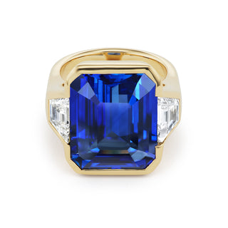 One-of-a-Kind BNS Ring with Emerald-Cut Sapphire and Diamond Trapezoid Sides