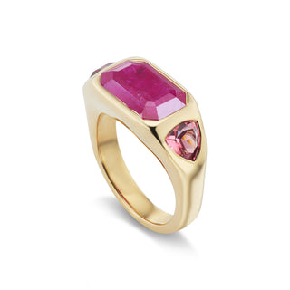 One-of-a-Kind BNS Ring with Emerald-Cut Ruby and Orange Spinel Side