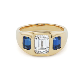 One-of-a-Kind BNS Ring with Emerald-Cut Diamond and Emerald-Cut Sapphire Sides
