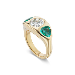 One-of-a-Kind BNS Ring with Round Diamond and Emerald Triangle Sides