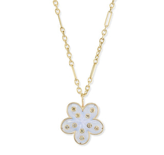 Petal Flower Pendant with Blue Chalcedony and Champagne Diamonds