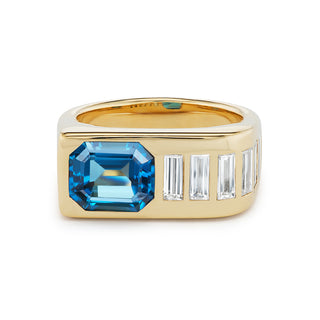 One-of-a-Kind BNS Waterfall Ring with Blue Topaz and Diamond Baguettes
