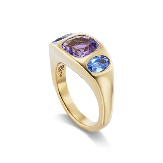 One-of-a-Kind BNS Ring with Cushion Amethyst and Blue Sapphire Oval Sides