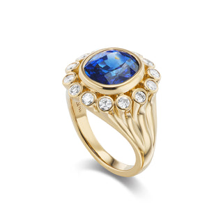 One-of-a-Kind Wildflower Ring with Round Blue Sapphire and Diamond Petals
