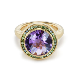 One-of-a-Kind Pillow Ring with Amethyst Center and Green Diamond Halo
